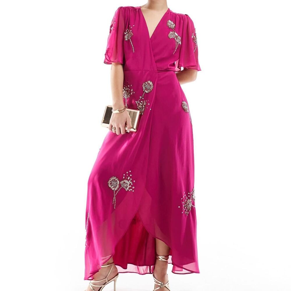 Hope & Ivy embellished flutter sleeve maxi wrap dress tie waist in magenta NEW